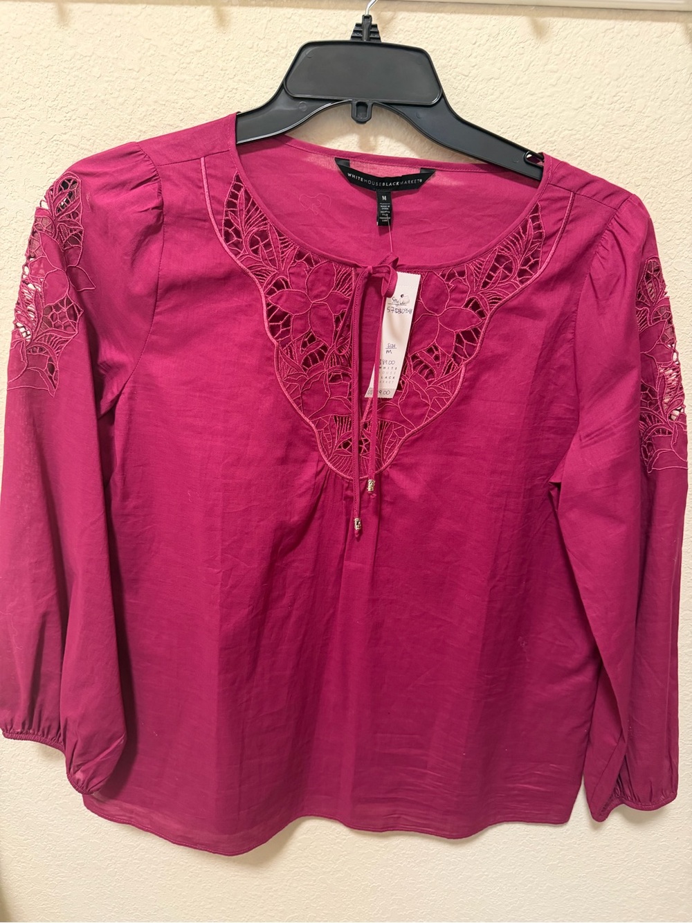 White House Black Market Fuchsia Lace-Trim Peasant Tunic